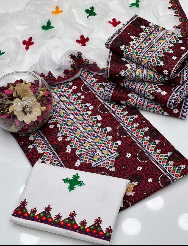 Ajrak Print Lawn Embroidered 3 Pcs Suits - Most Demanded Collection