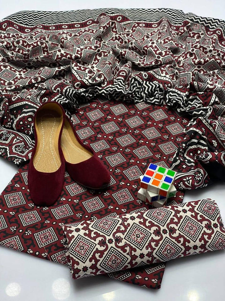 Ajrak Block Print 3 Pcs Lawn Suit with Neckline & Multani Khusa