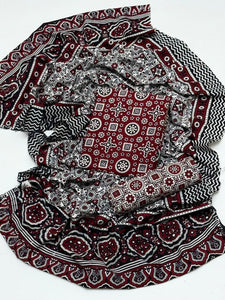 Ajrak Block Print 3 Pcs Lawn Suit with Neckline & Multani Khusa
