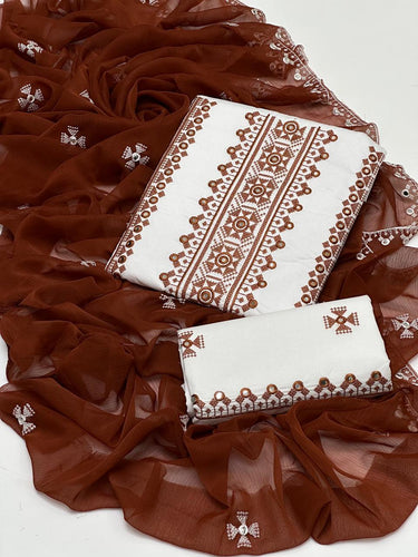 Cross Stich 9MM White Aari Embroidery 3 Pcs Lawn Suit with Multani Khusa