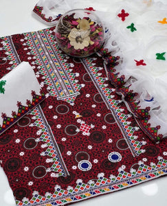 Ajrak Print Lawn Embroidered 3 Pcs Suits - Most Demanded Collection