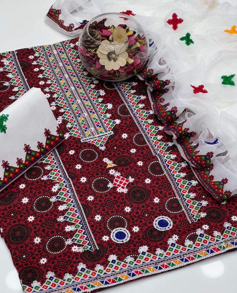 Ajrak Print Lawn Embroidered 3 Pcs Suits - Most Demanded Collection