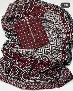Ajrak Block Print 3 Pcs Lawn Suit with Neckline & Multani Khusa