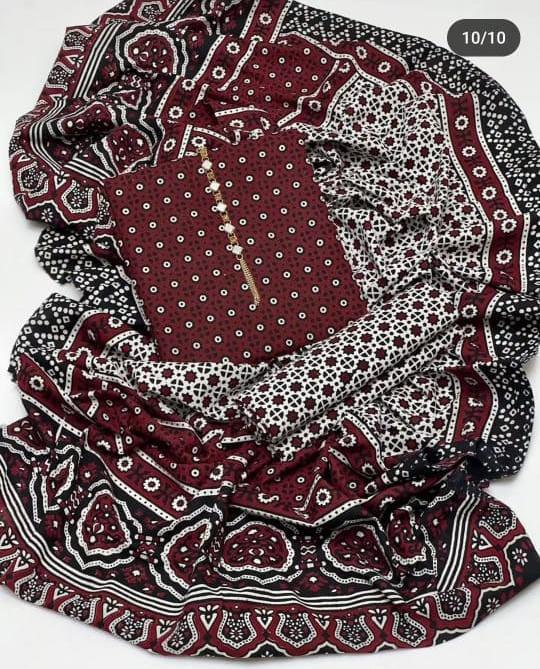 Ajrak Block Print 3 Pcs Lawn Suit with Neckline & Multani Khusa