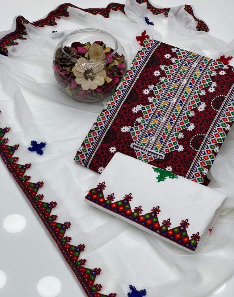 Ajrak Print Lawn Embroidered 3 Pcs Suits - Most Demanded Collection