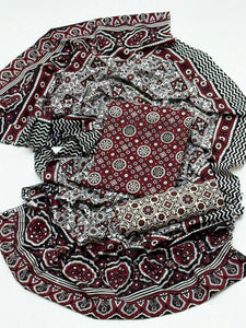 Ajrak Block Print 3 Pcs Lawn Suit with Neckline & Multani Khusa