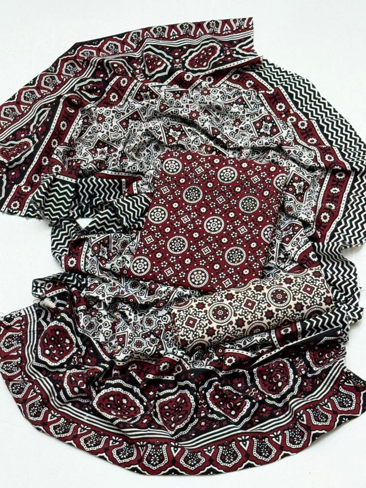 Ajrak Block Print 3 Pcs Lawn Suit with Neckline & Multani Khusa