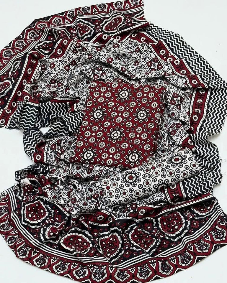 Ajrak Block Print 3 Pcs Lawn Suit with Neckline & Multani Khusa