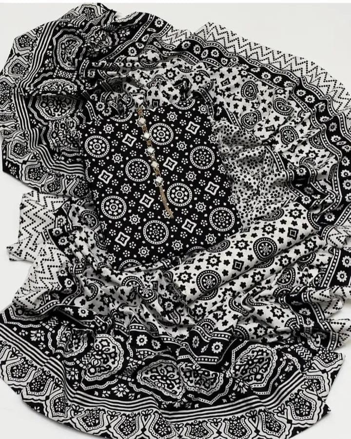 Ajrak Block Print 3 Pcs Lawn Suit with Neckline & Multani Khusa