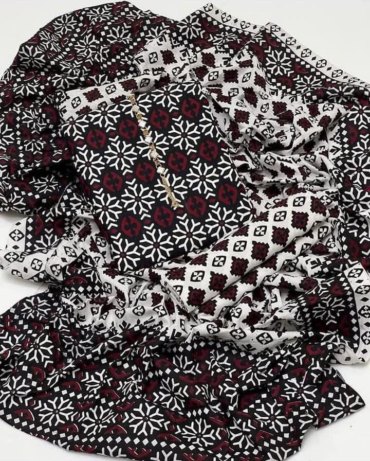 Ajrak Block Print 3 Pcs Lawn Suit with Neckline & Multani Khusa