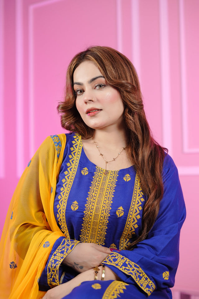 Royal Blue Cross Stich Aari Embroidery 3 Pcs Lawn Suit with Multani Khusa