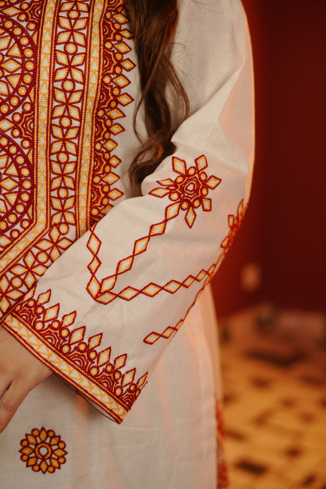 Unstiched 3 Pcs Lawn Balochi Tanka with 4 Side Border Dupatta with Multani Khusa