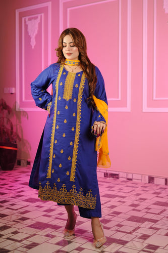 Royal Blue Cross Stich Aari Embroidery 3 Pcs Lawn Suit with Multani Khusa