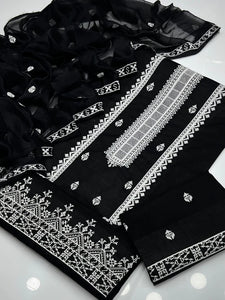 Black Cross Stich Aari Embroidery 3 Pcs Lawn Suit with Multani Khusa