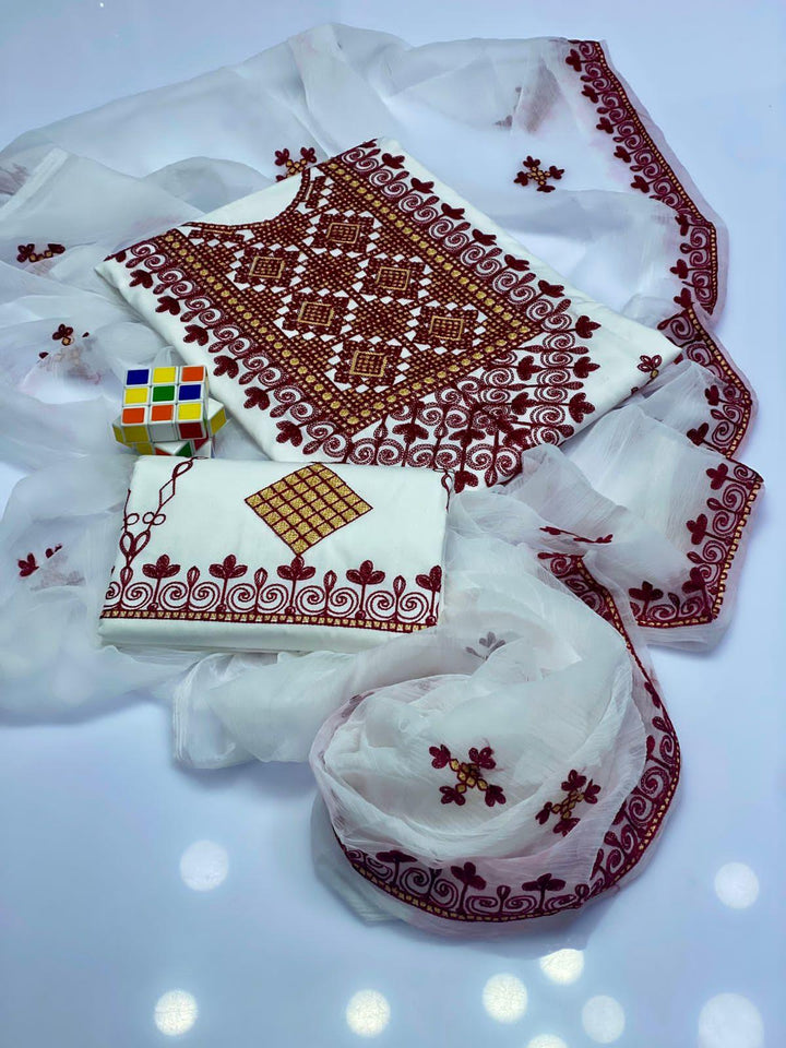 Unstiched 3 Pcs Lawn Balochi Tanka with 4 Side Border Dupatta with Multani Khusa